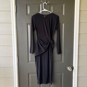 Winsor Knot Pleasure Crew Neck Midi Black Cocktail Long Sleeve Dress Size S
